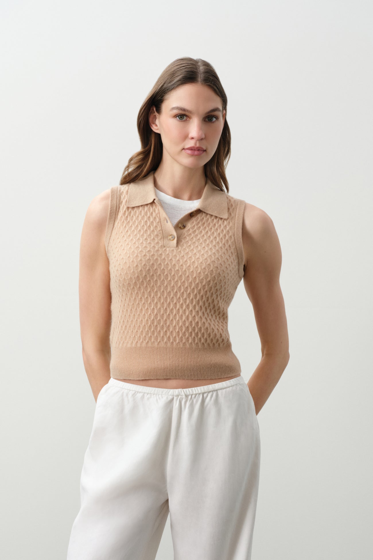LEYLAH SLEEVELESS CABLE KNIT POLO